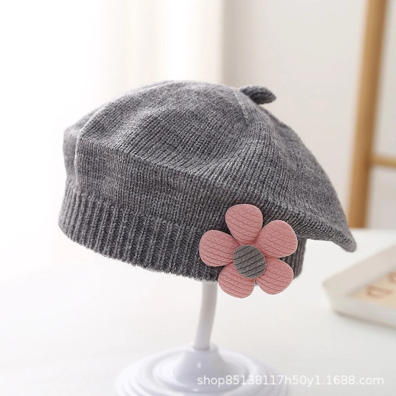 Baby Hat Autumn And Winter Baby Girls' Cute Flower Beret Children's Wool Hat Girls' Knitted Painter Hat Fashion