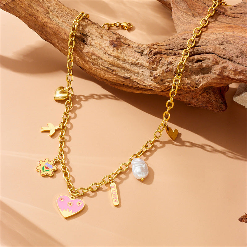 Fashion Cartoon Cute Painted Oil Drop Love Flower Bird Pearl Pendant Chain Stainless Steel Necklace