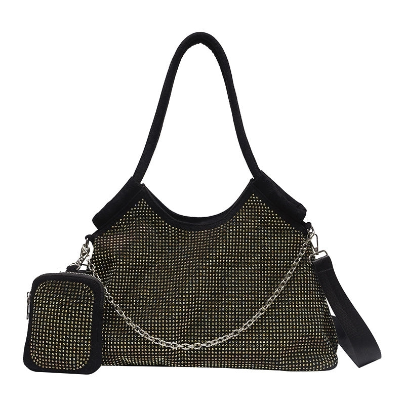 Vintage Style Solid Color Rhinestone Semicircle Zipper Shoulder Bag Tote Bag