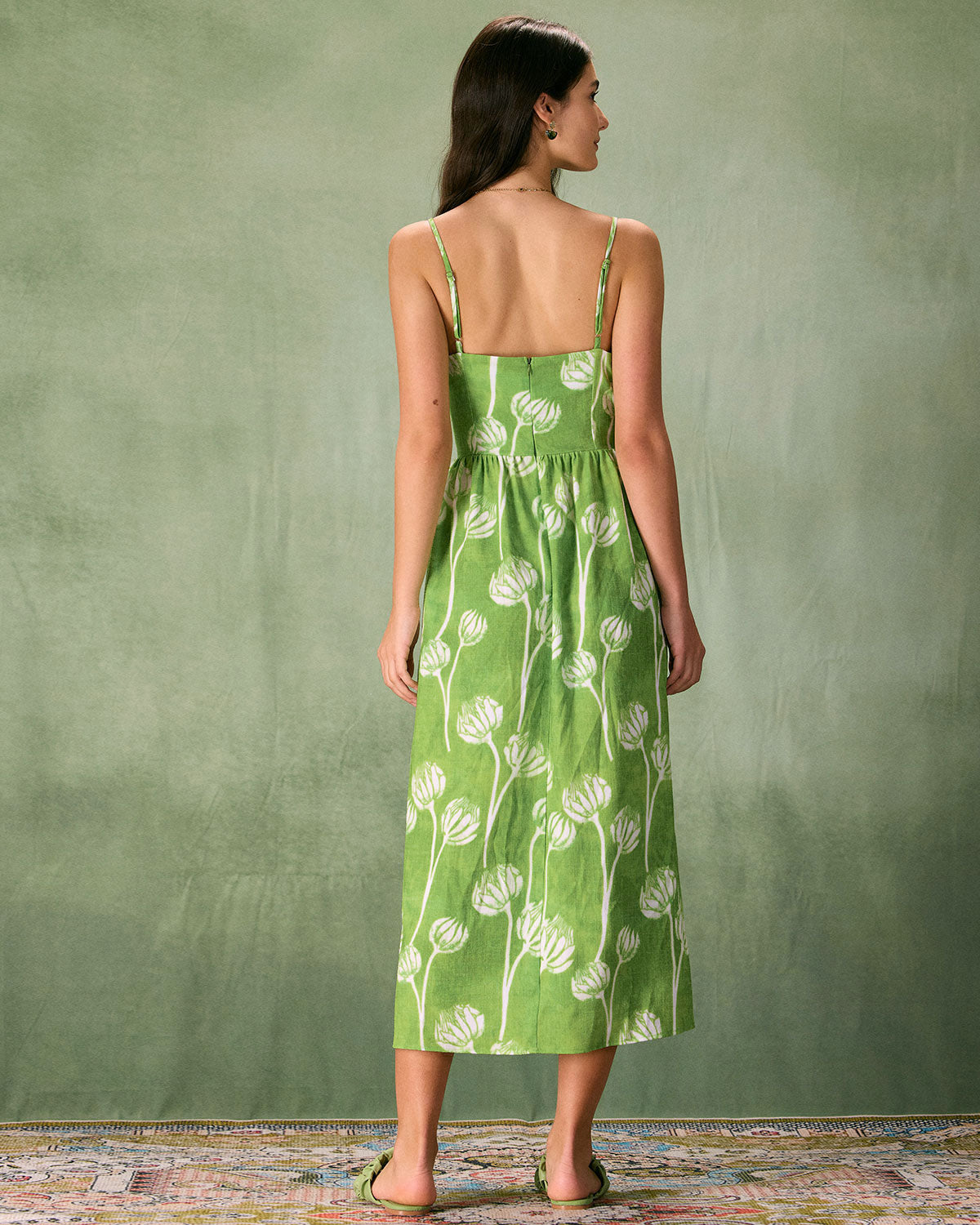 The Green Floral Ruched Slip Midi Dress