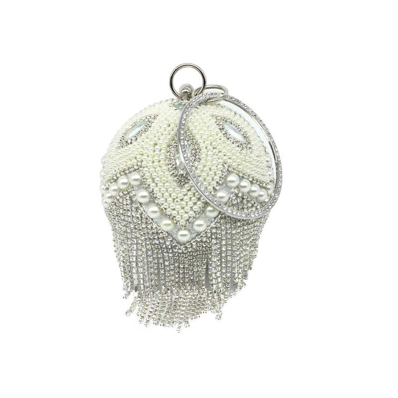 Gold Silver Rhinestone Solid Color Tassel Pearl Round Evening Bags