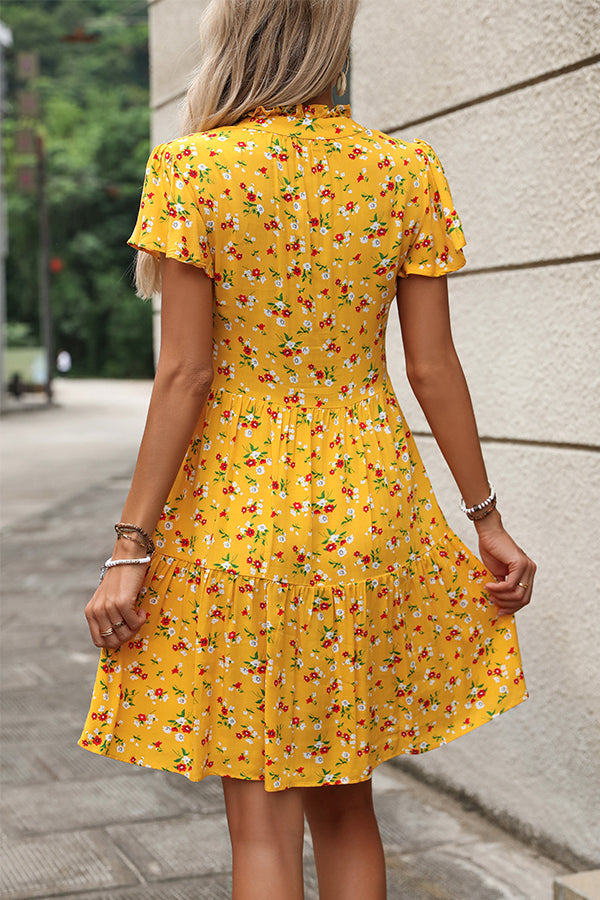 Fashion Floral Print V Neck Cute Mini Dress