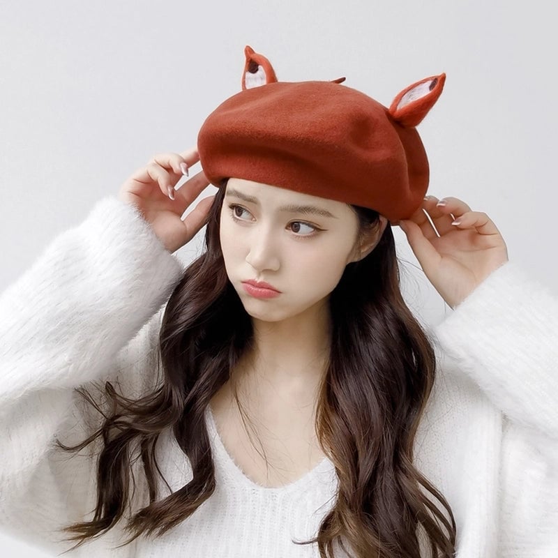 Autumn And Winter Cute Elk Horn Beret Bear Fox Ear Beret Wool Felt Painter Hat