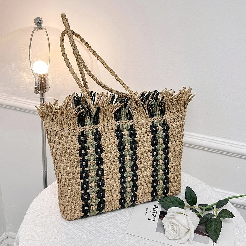 Women's Medium Straw Stripe Vacation Square Open Straw Bag