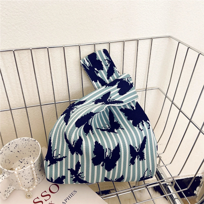 Women's Small Knit Houndstooth Stripe Butterfly Classic Style Square Open Handbag