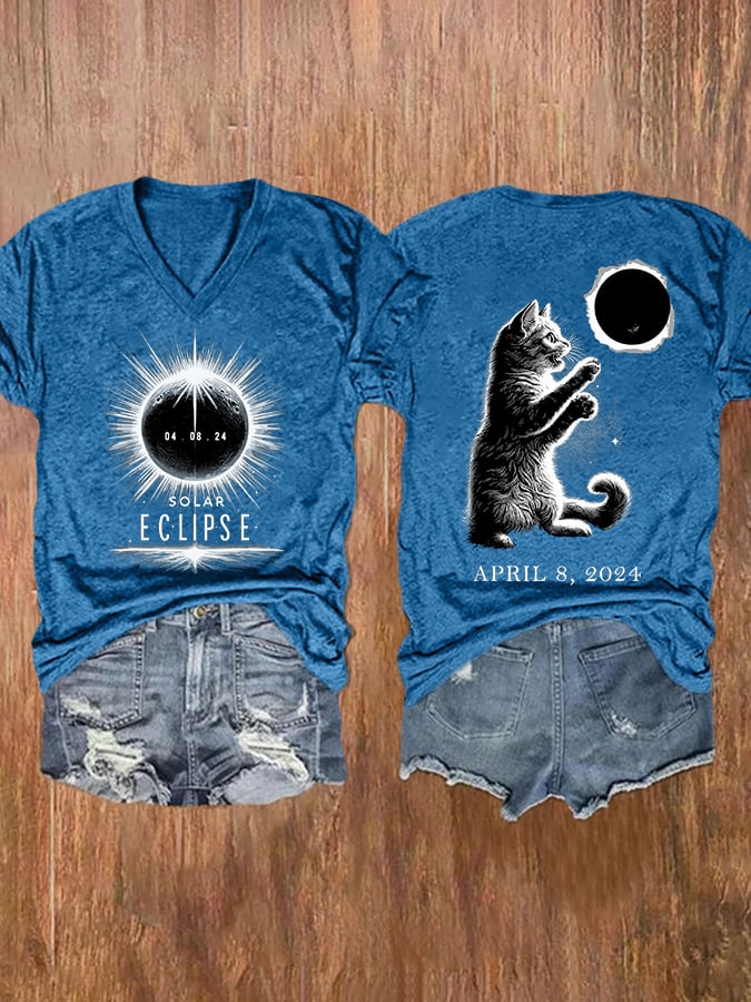 V-neck Retro Cat Hello Darkness My Old Friend Solar Eclipse Of April 8. 2024 Print T-Shirt