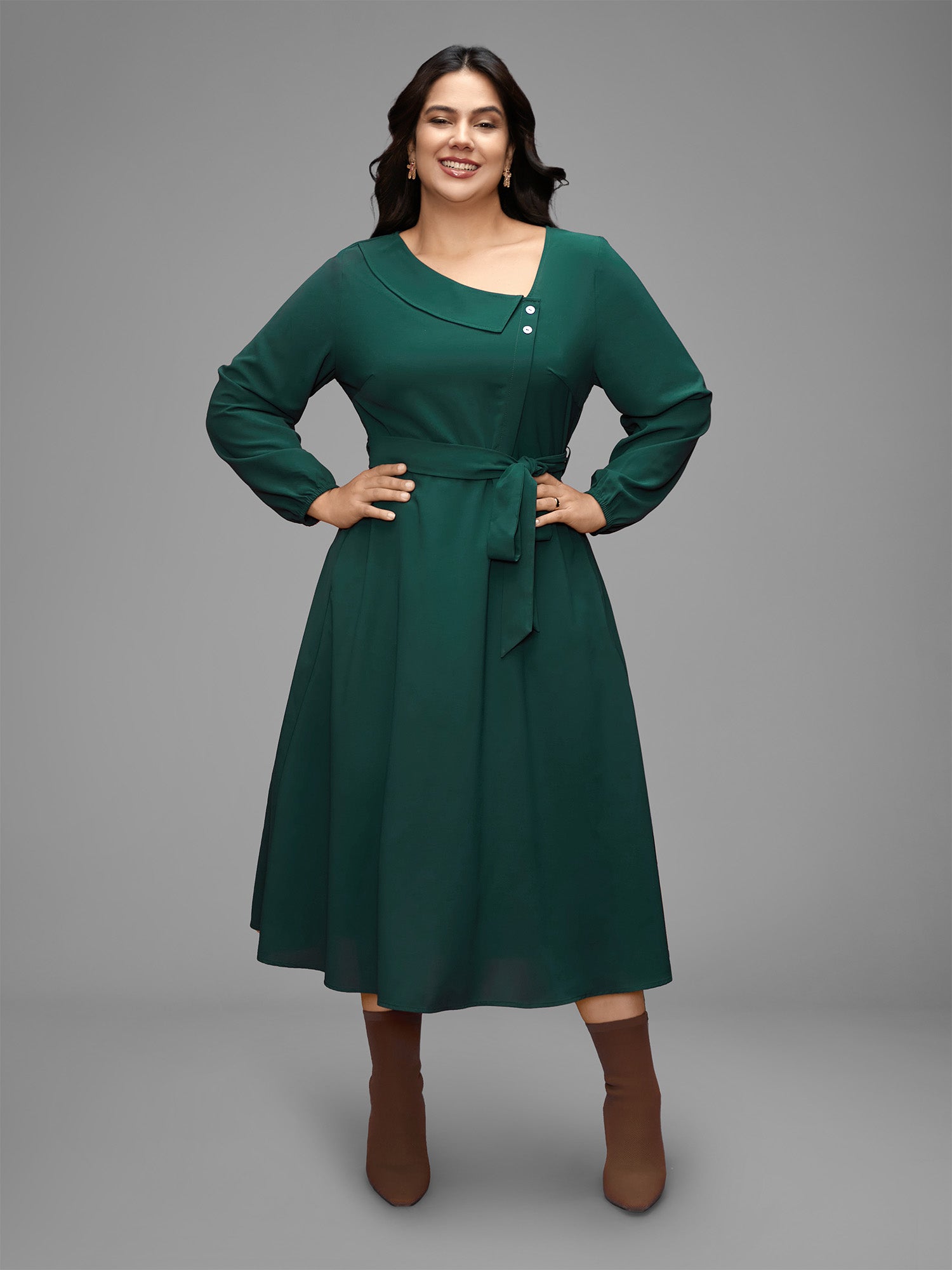Asymmetrical Neckline Waist-Tie Midi Dress