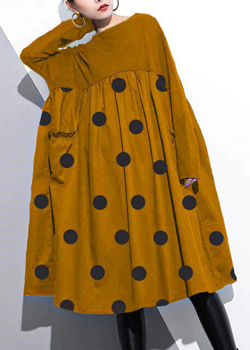 Elegant Cinched o neck Cotton clothes For Women Tutorials  Yellow chrysanthemum Dresses