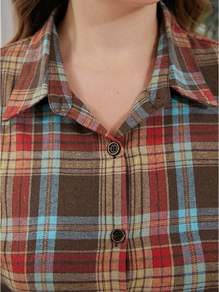 Plaid Button Detail Pocket Belted Arc Hem Dress