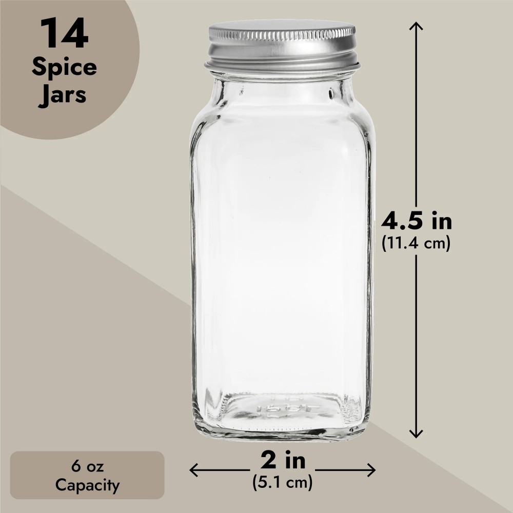 Labels 180ml 6oz Kitchen Empty Seasoning Containers Square Glass Spice Jars with Shakers Lids