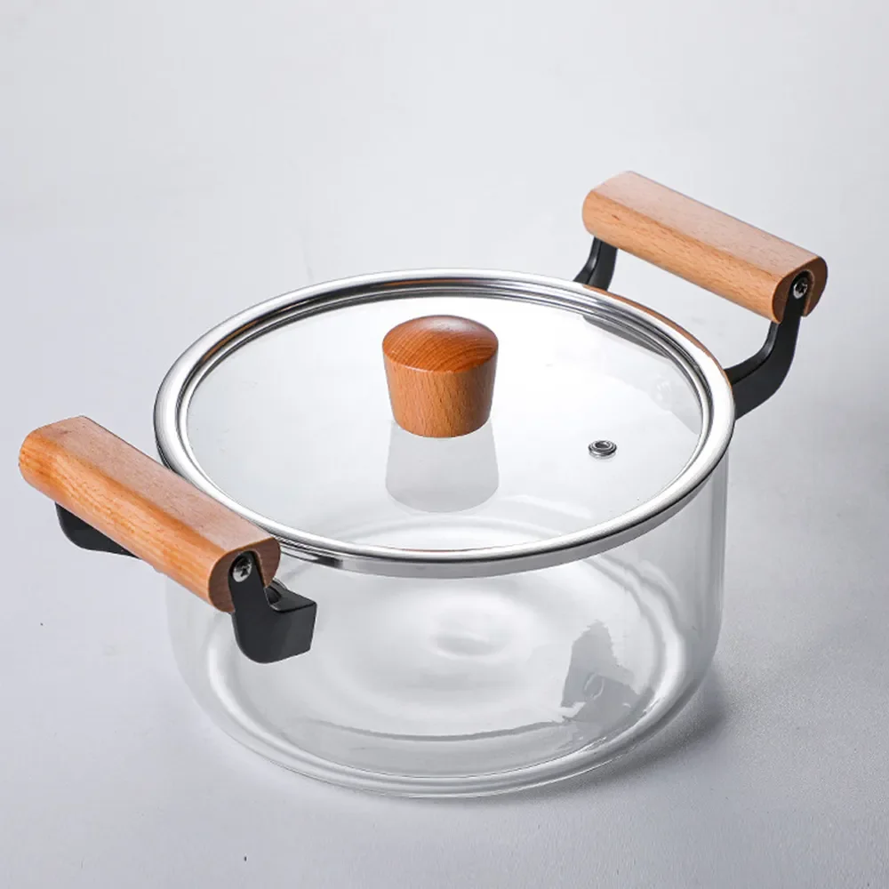 HEAT-RESISTANT STOCK POT WITH WOODEN HANDLE CLEAR LID SPACIOUS DESIGN