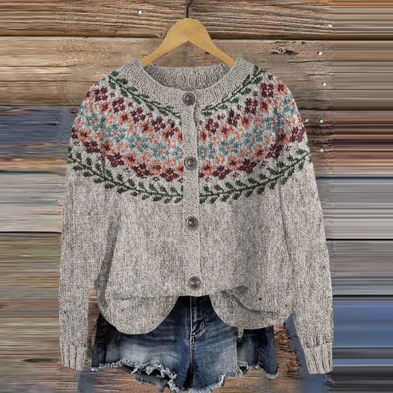 Retro Floral Knitted Button Down Cozy Sweater