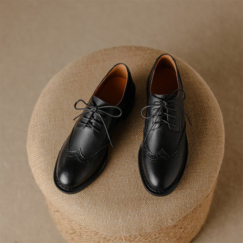 Handmade Wingtip Shoes Women'S Genuine Leather Lace Up Brogues in Black/Brown