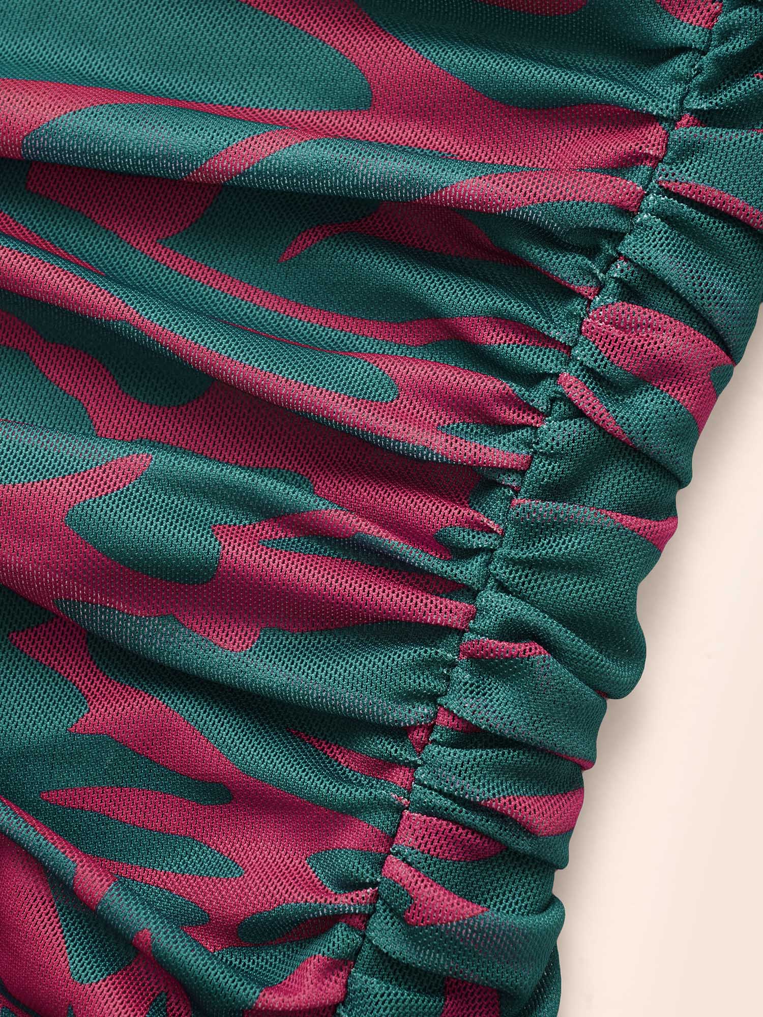 Square Neck Geometric Mesh Ruched Dress