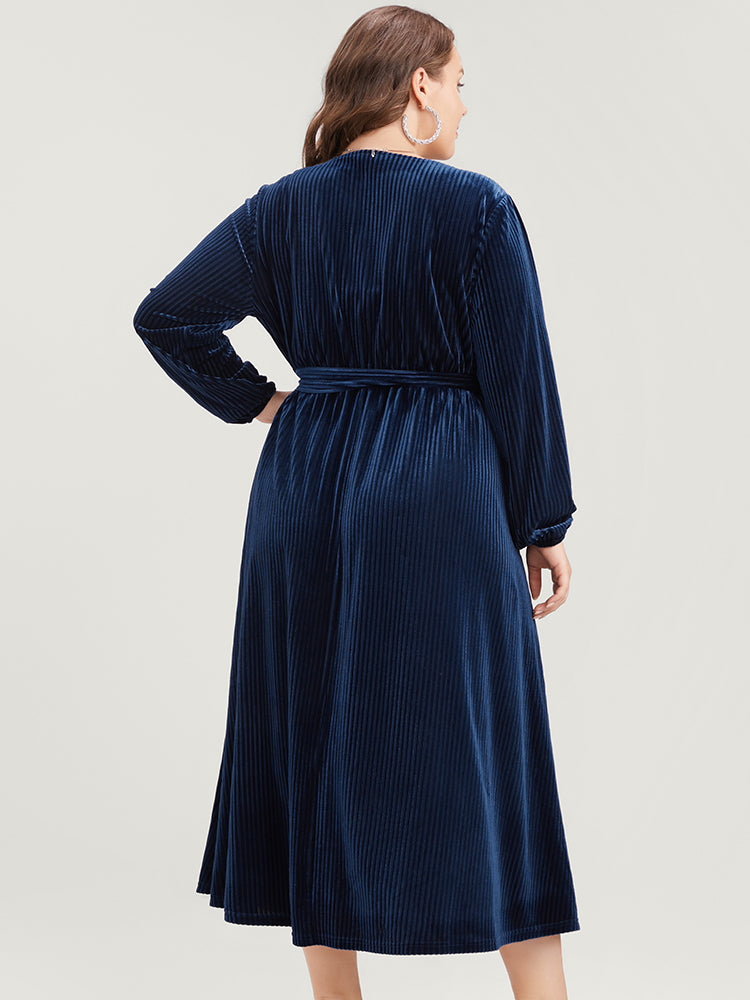 Striped Velvet Pocket Lantern Sleeve Belted Wrap Dress