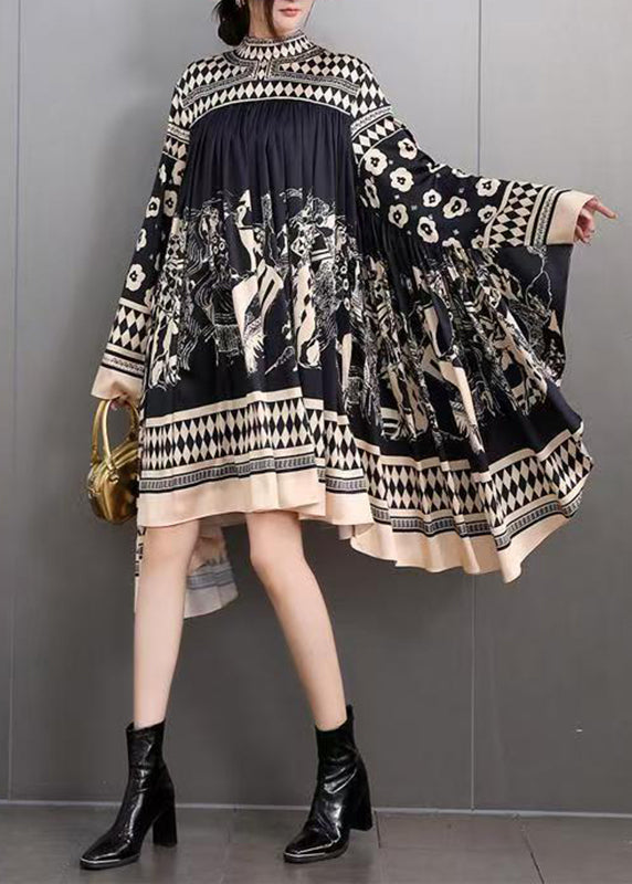 DIY Black Turtleneck Print Cotton Maxi Dresses Batwing Sleeve Fall