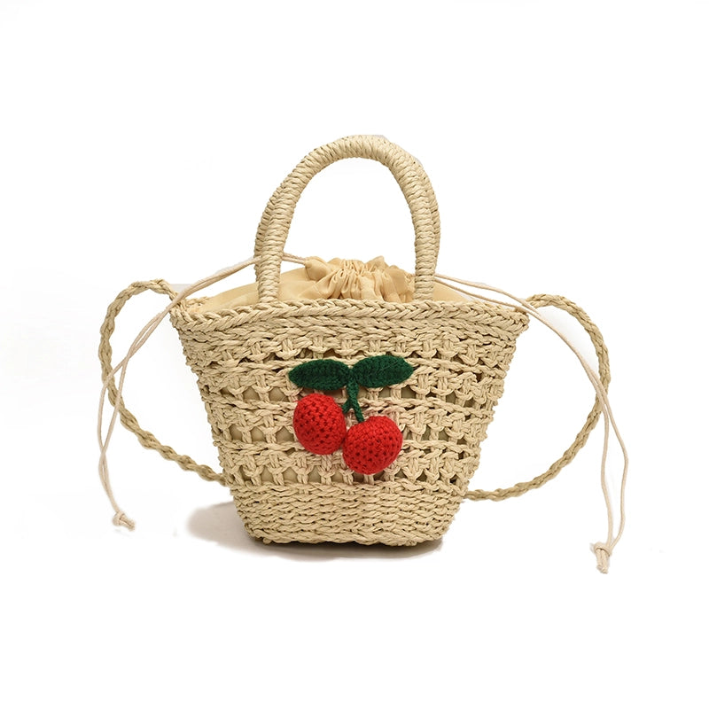 Women's Medium Straw Solid Color Flower Vacation Beach Weave Bucket String Straw Bag