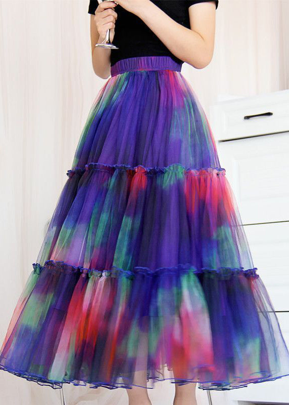 Bohemian Blue Ruffled Tie Dye Tulle Skirt Spring