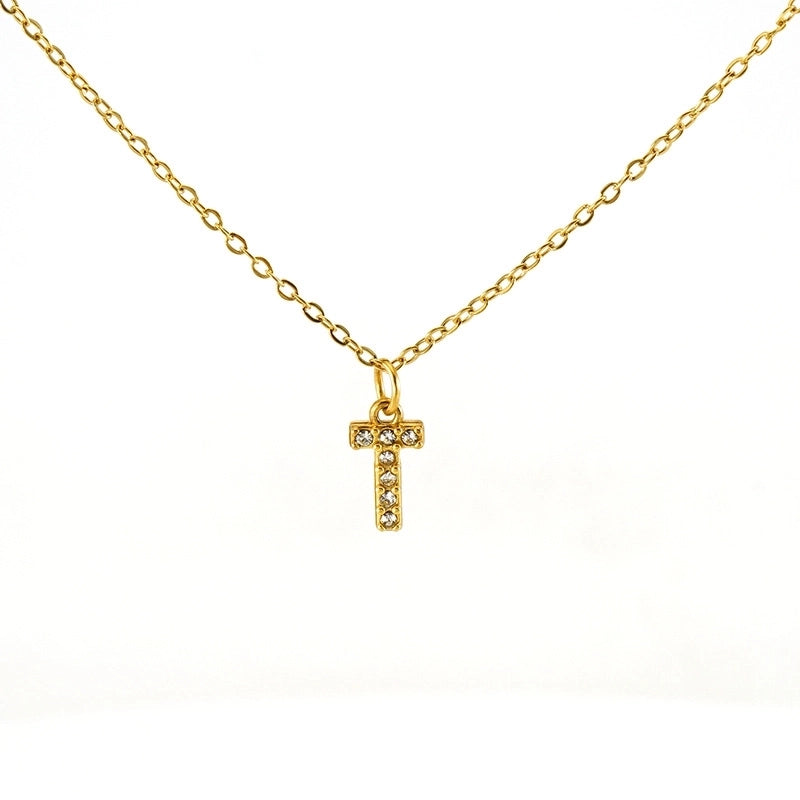 Minimalist Classic Style Letter Titanium Steel Zircon 18K Gold Plated Inlay Pendant Necklace