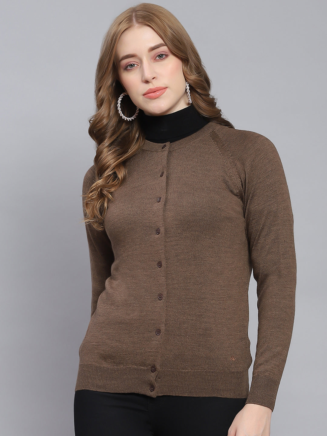 Women Brown Solid Round Neck Full Sleeve Cardigan