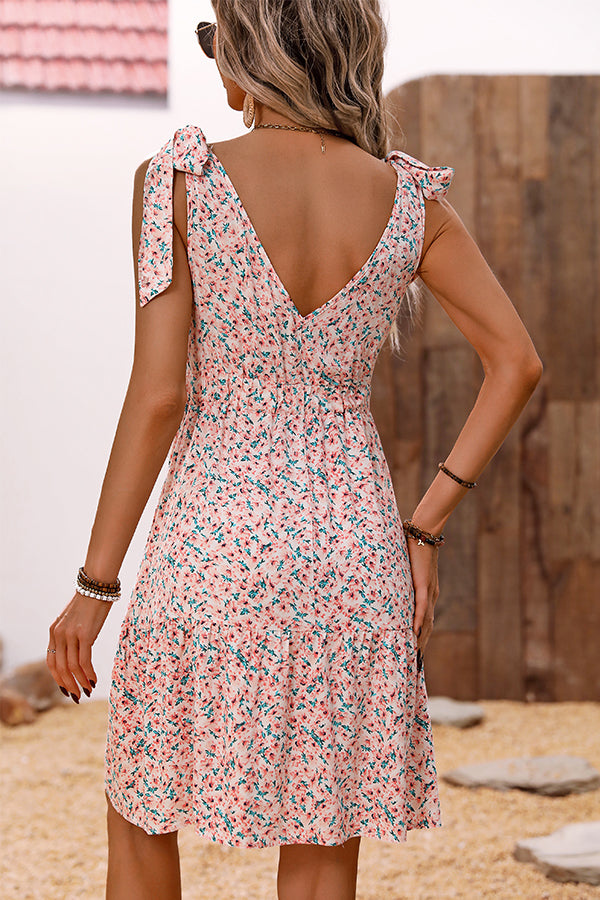Floral Print Tie Shoulder V Neck Dress