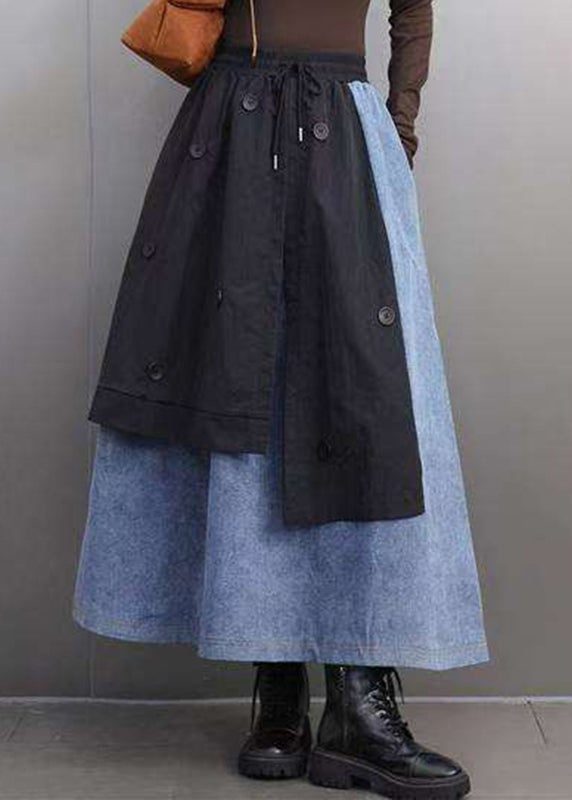 Loose Black Pockets Patchwork Deim A Line Skirts Spring