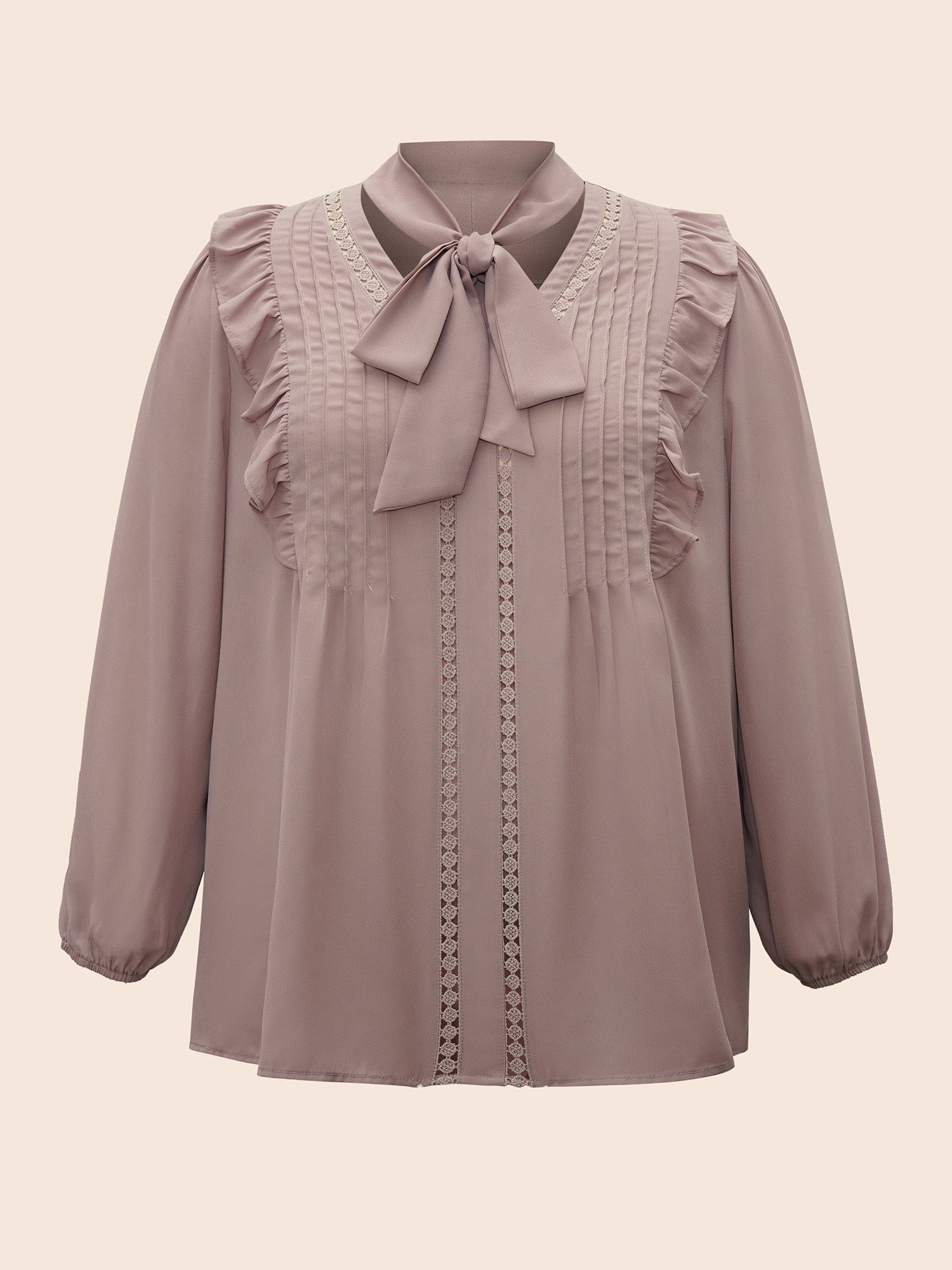 Ribbon Tied Collar Ruffles Lantern Sleeve Blouse