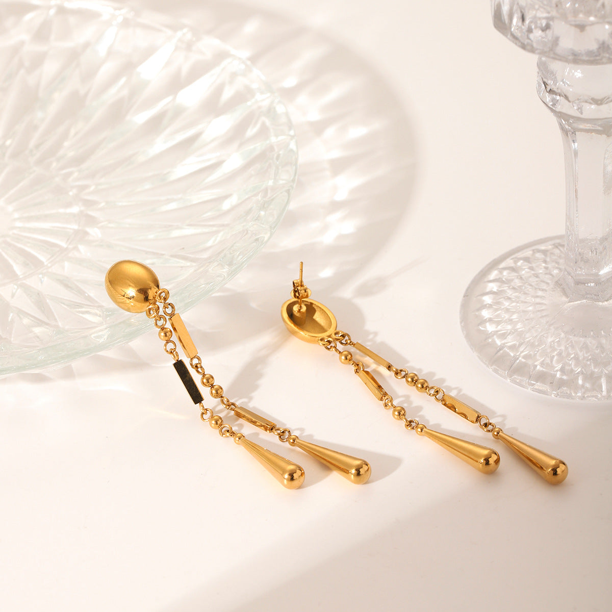 Stainless Steel Oval Earrings Design Round Beads Square Water Drop Tassel Earrings Female Earrings
