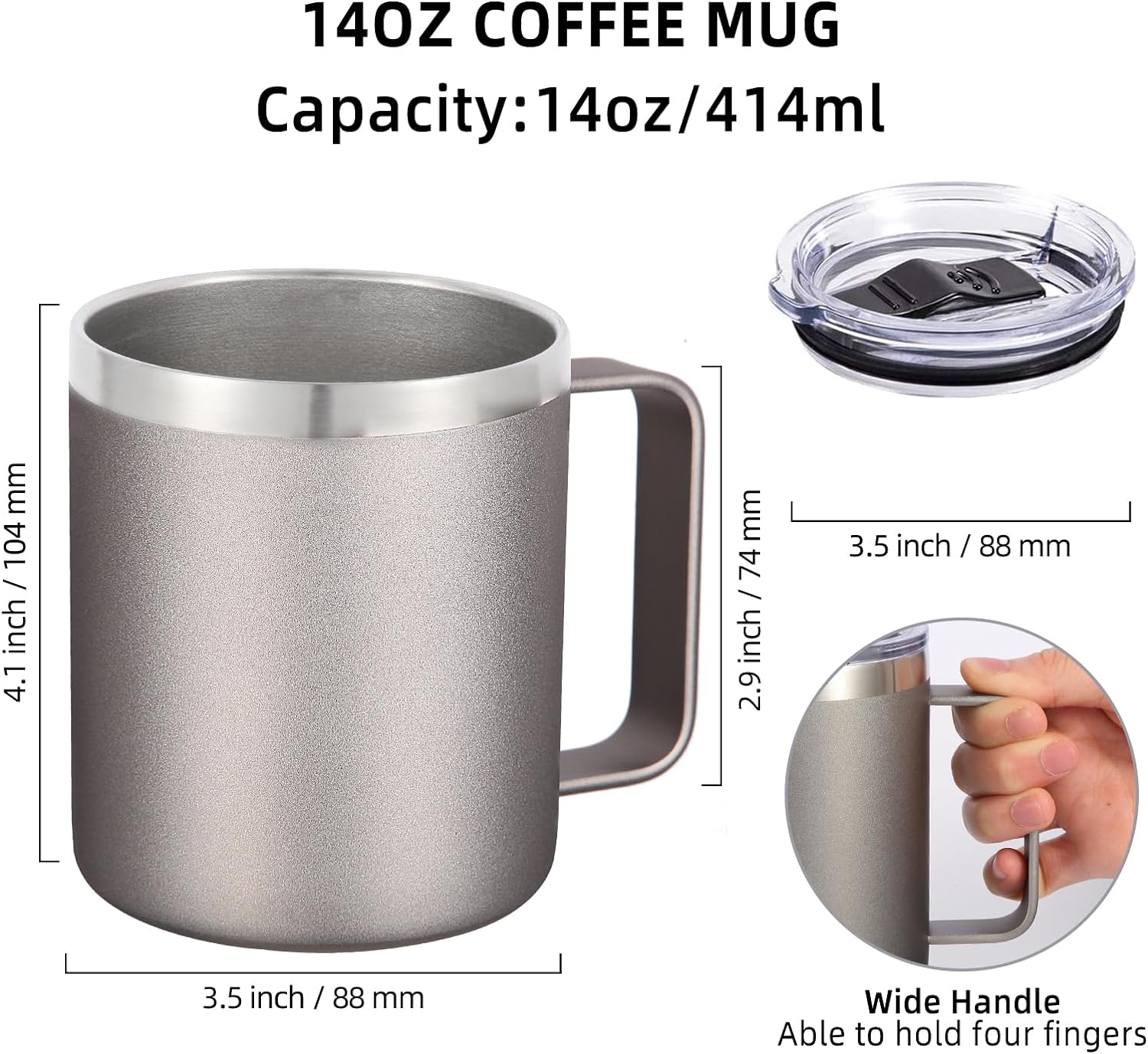Volhoply 14oz Insulated Stainless Steel Coffee Mug with Leakproof Lid,Double Wall Vacuum Travel Coffee Cup with Handle,Reusable Metal Tumbler,Camping Mugs Keep Hot/Cold,Christmas Gifts(Black,1