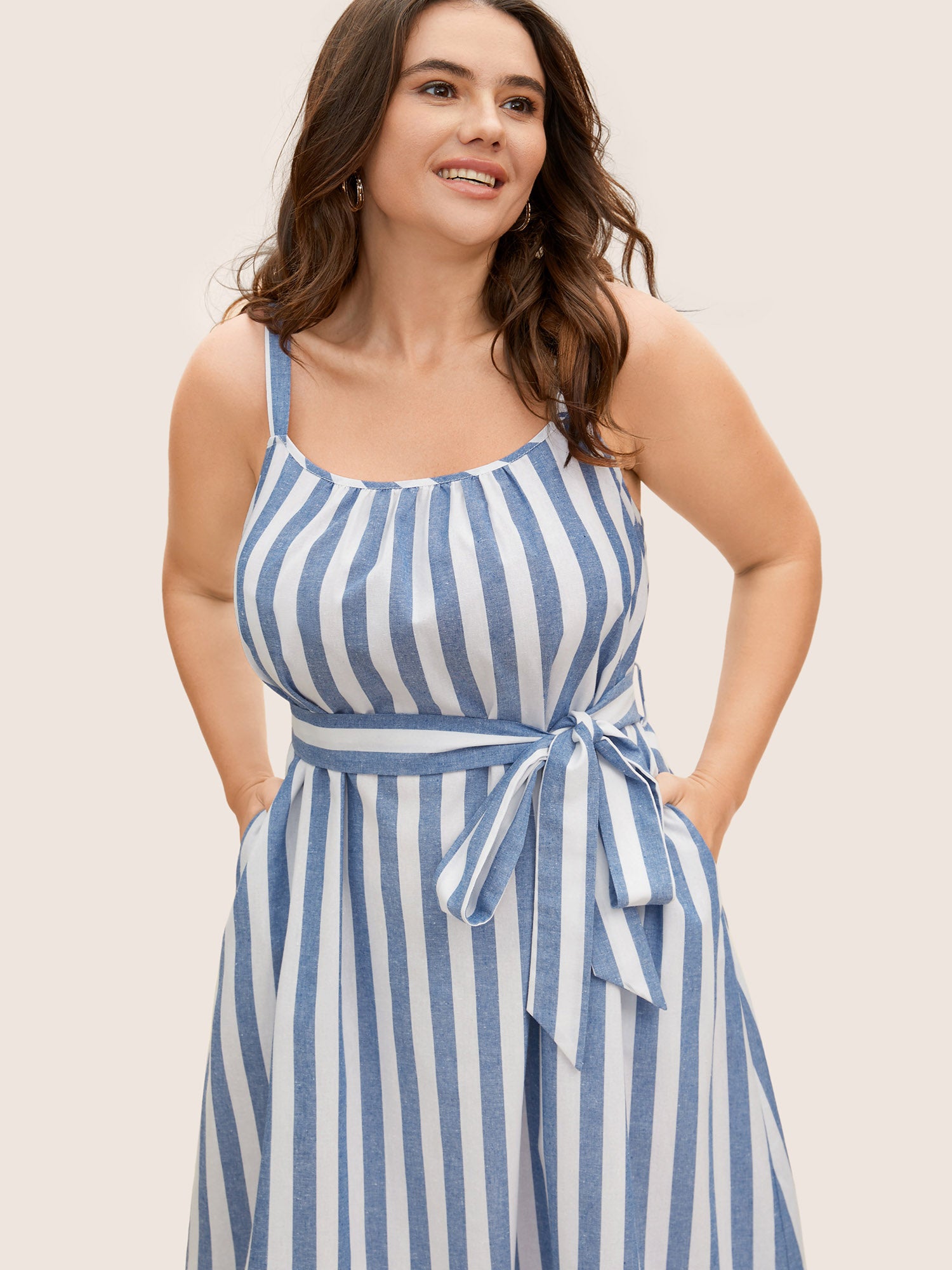 Striped Linen Blend Ruffle Layered Hem Dress