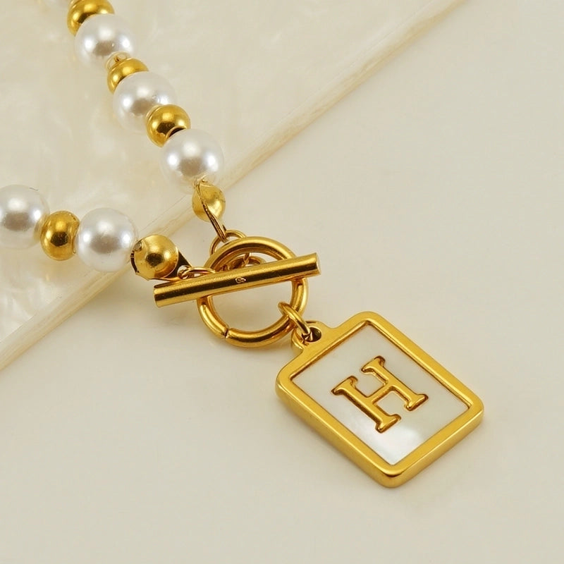 Stainless Steel 18K Gold Plated Elegant French Style Pearl Plating Inlay Letter Shell Pendant Necklace