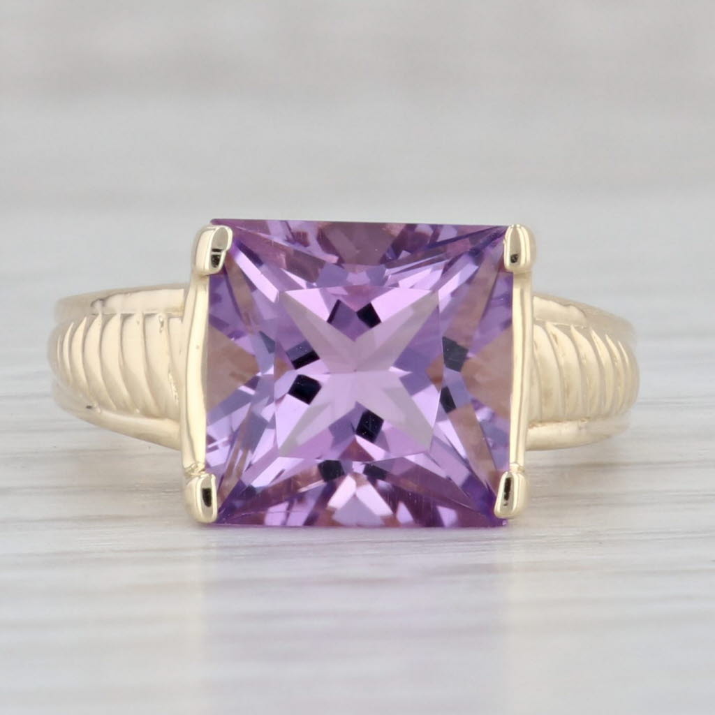 5.15ct Princess Amethyst Solitaire Ring 14k Yellow Gold Size 8 Heart Bridge