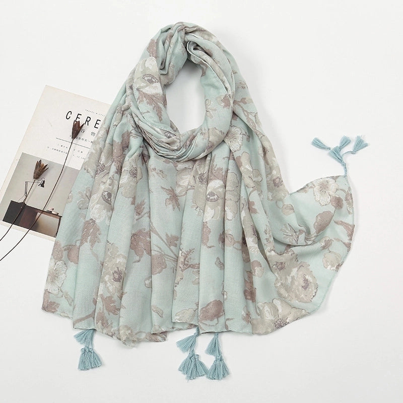 Women'S Sweet Flower Cotton And Linen Tassel Scarf