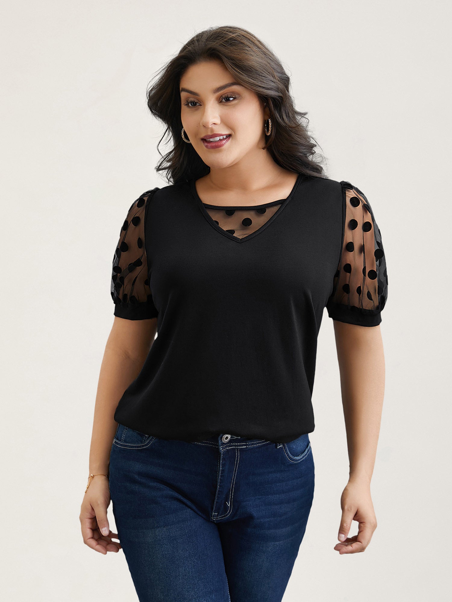 Sheer Sleeves Textured Polka Dots Stretchy Top