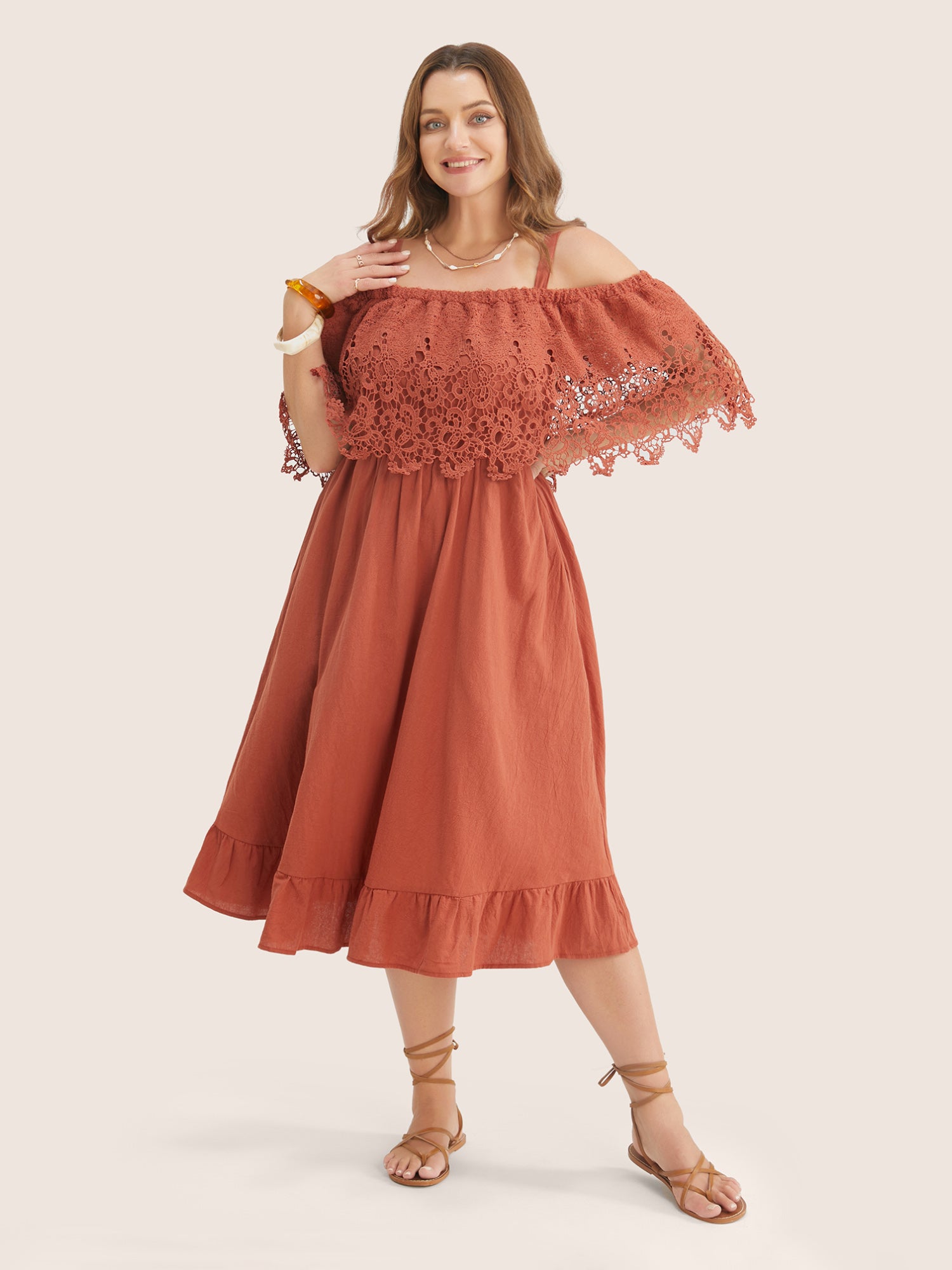 Solid Cold Shoulder Contrast Lace Pocket Ruffle Hem Dress