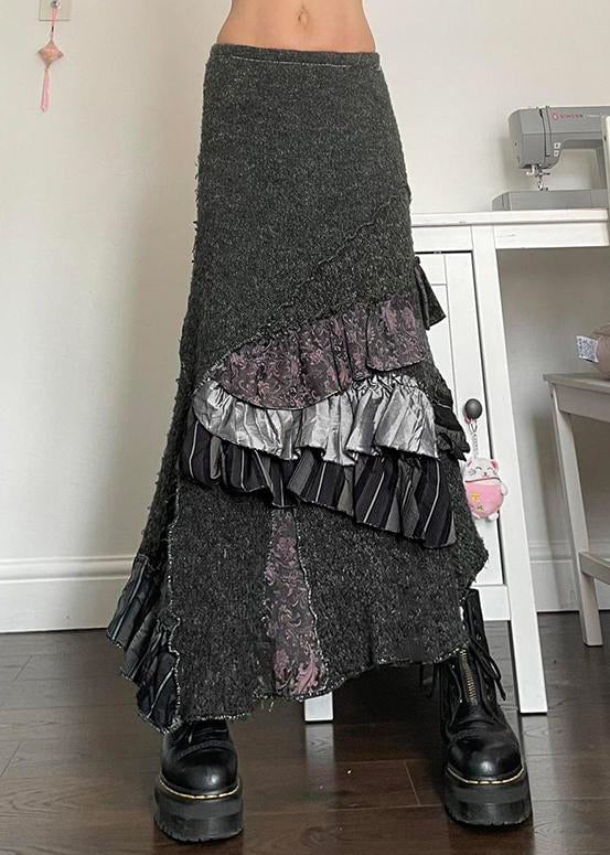 Original Grey Asymmetrical Ruffled Patchwork Cotton Skirts Summer