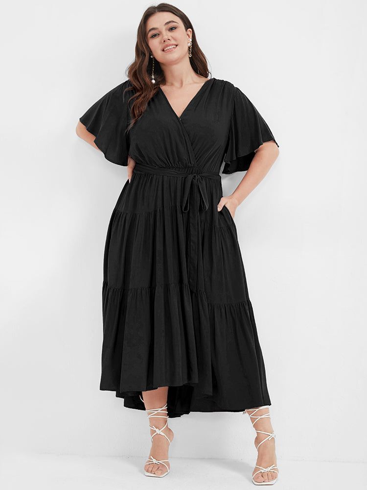 Solid Button Pocket Belted Ruffles Wrap Midi Dress