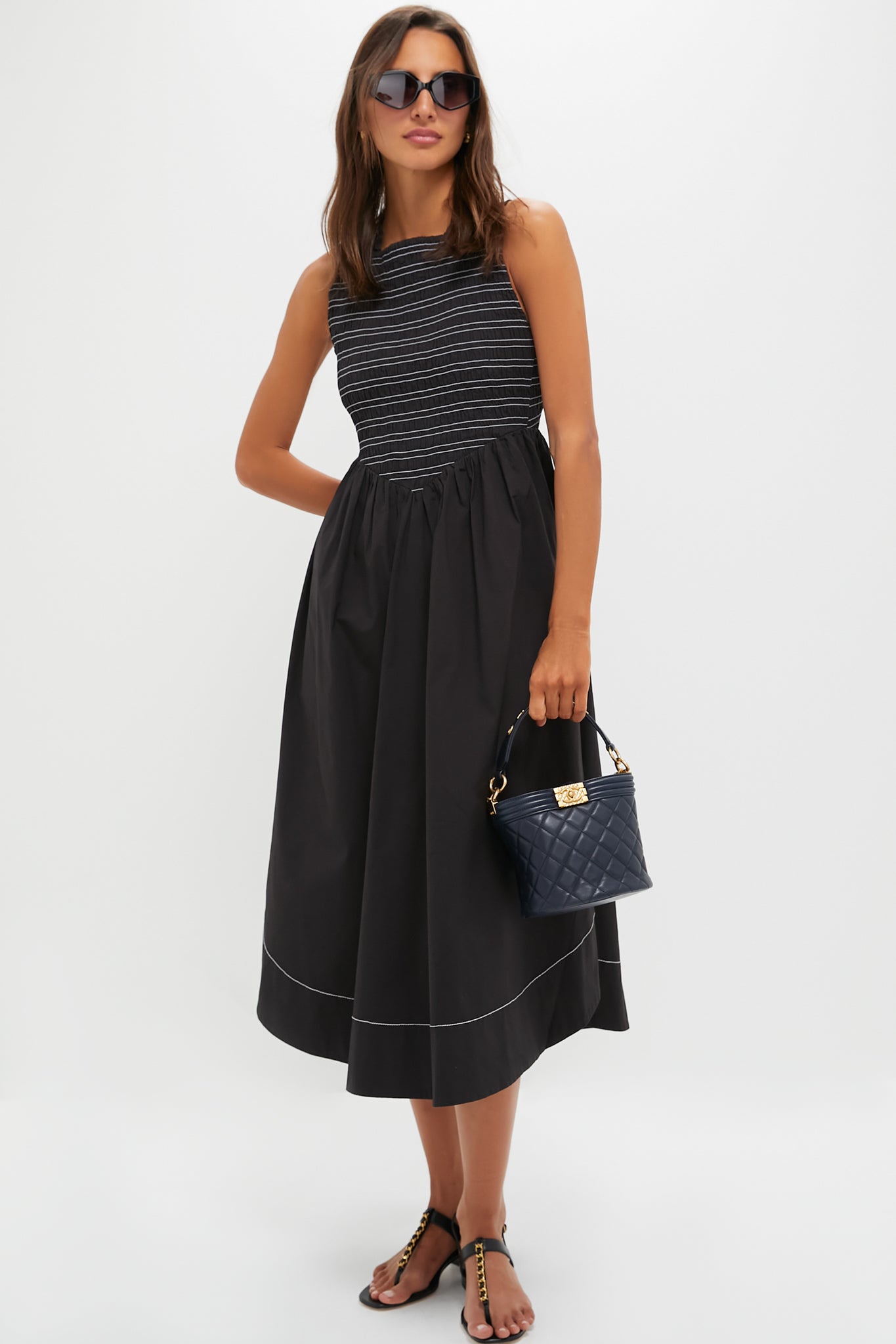 Black Washed Stretch Cotton Smock Midi Dress
