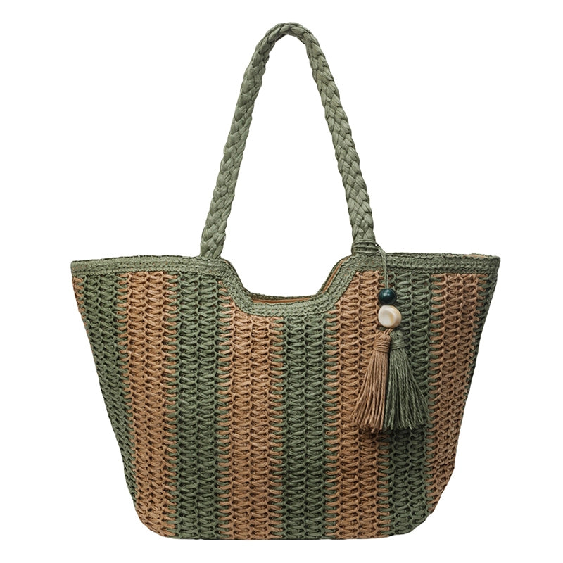 Women's Medium Straw Stripe Beach Classic Style Weave Bucket Zipper Straw Bag