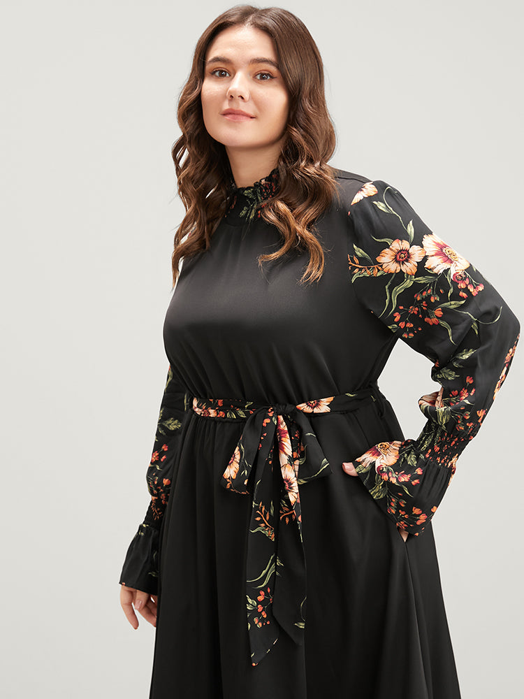 Floral Patchwork Lantern Sleeve Pocket Belted Shirred Mock Neck Dress