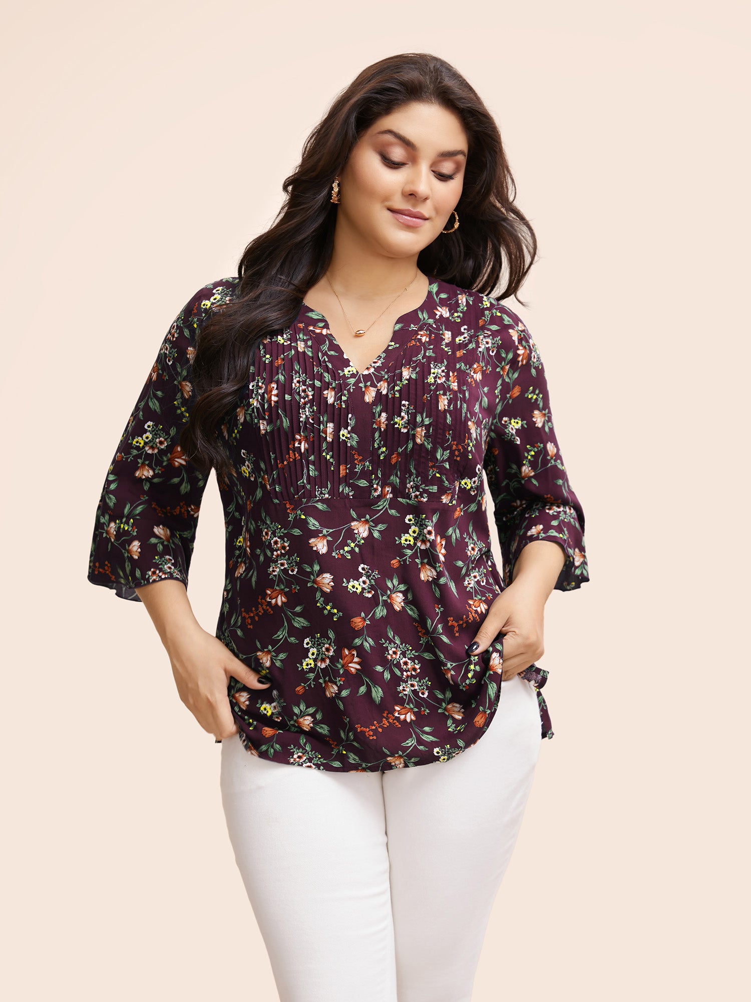 Ditsy Floral Pleated Flutter Sleeve Blouse