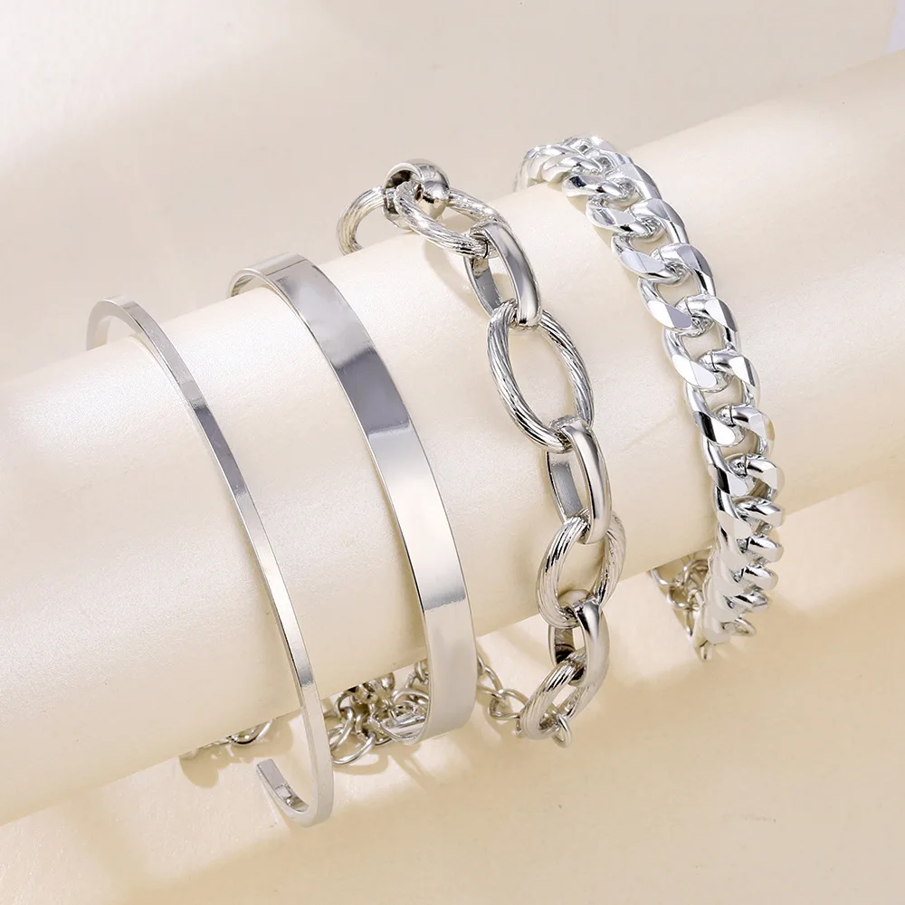 4Pcs Punk Heavy Metal Big Thick Chain Bracelet Set Retro Geometric Metal Twist Chain Bangles Bracelet For Women Fashion Jewelry