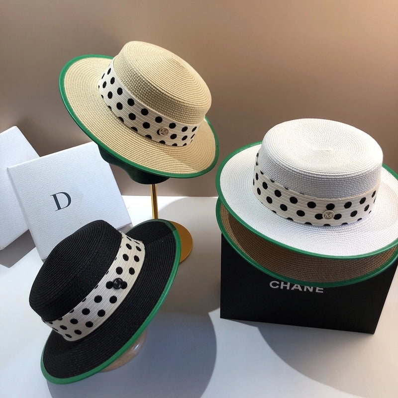 Women's Pastoral Minimalist Polka Dots Straps Big Eaves Straw Hat