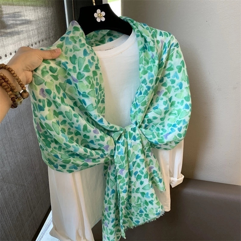 Women's Silk Scarf Summer Versatile Thin Scarf Cotton And Linen Scarf Blue Feather Tassel Beach Towel Sunscreen Shawl