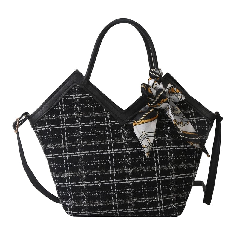 Women's Woolen Lattice Elegant Bucket Zipper Handbag