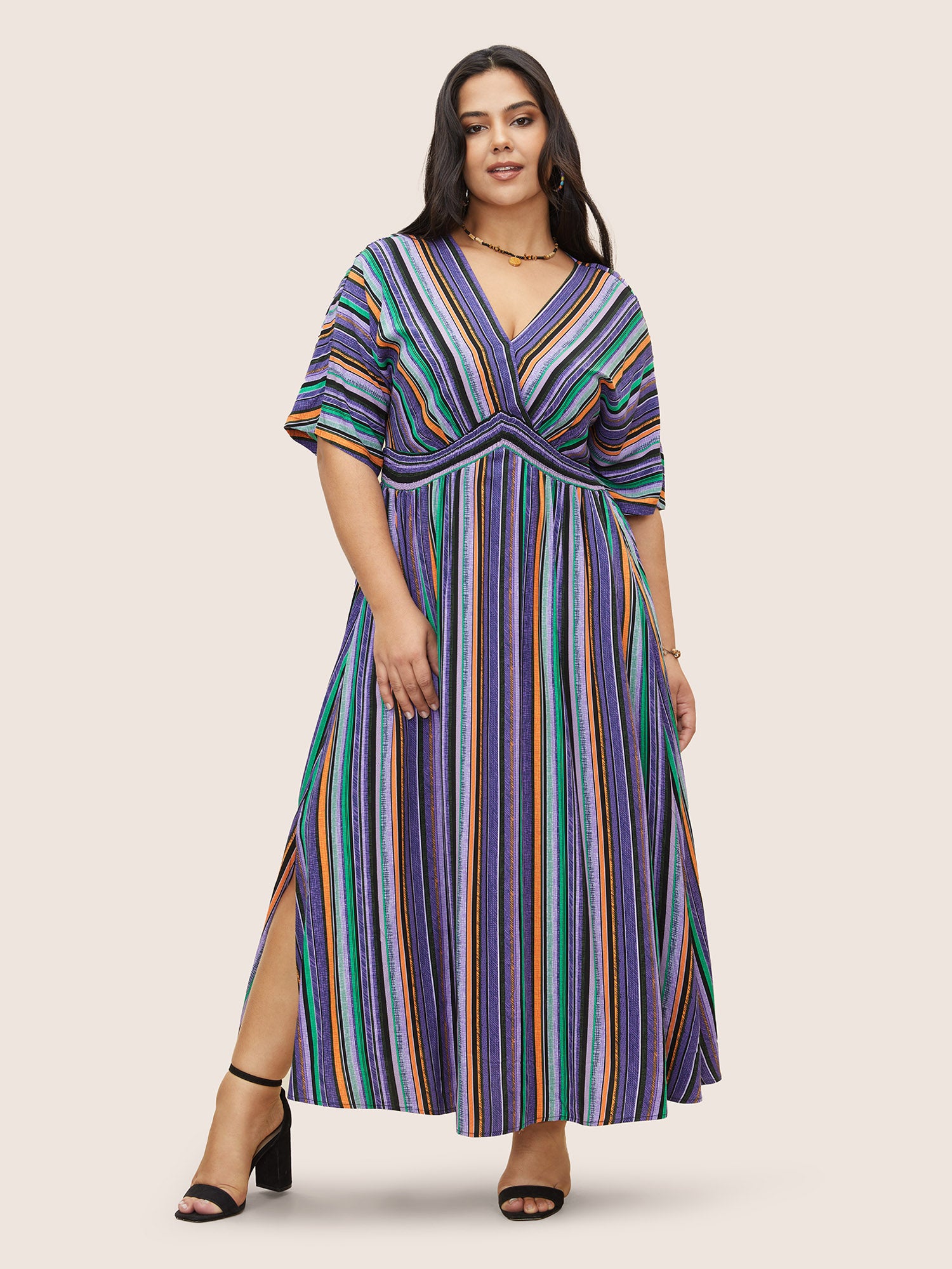 Striped Contrast Dolman Sleeve Shirred Pocket Split Flutter Dress