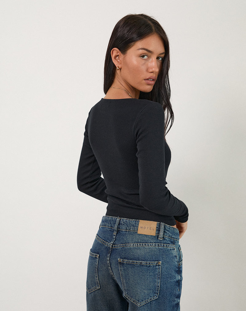 Dulcet Ribbed Plunge Long Sleeve Top in Black