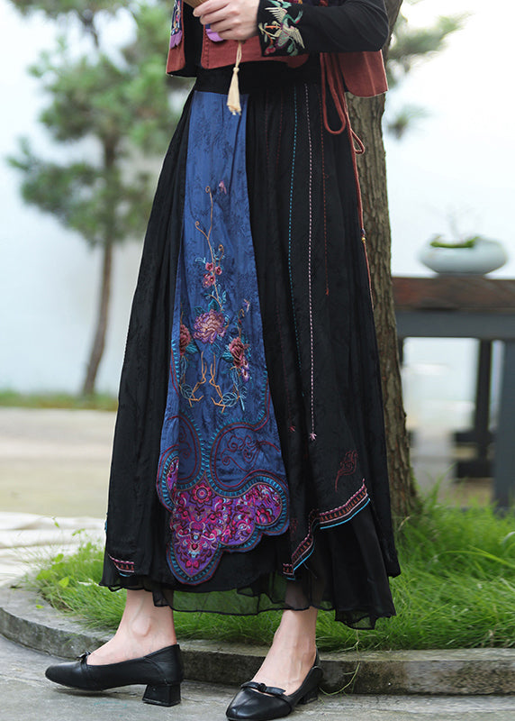 Vintage Black Embroidered Floral Tulle Patchwork Elastic Waist Linen maxi Skirts Fall