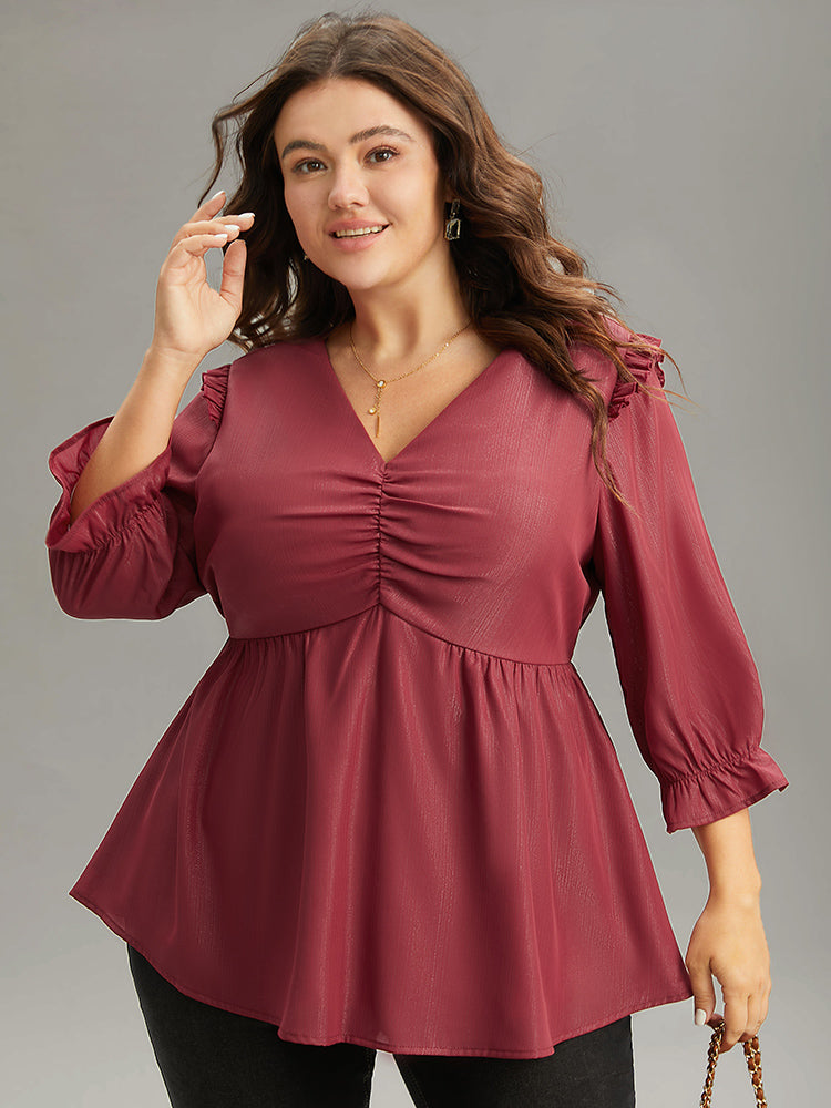 Solid Frill Trim Ruched Elastic Waist Blouse