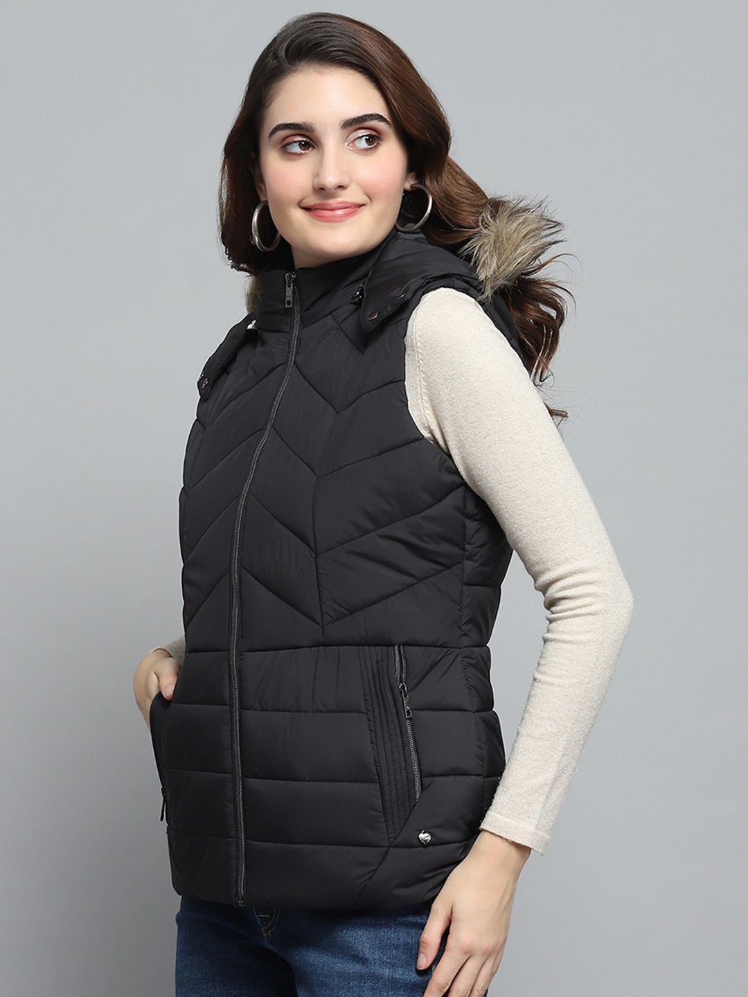 Women Black Solid Detachable Hood Sleeveless Jacket